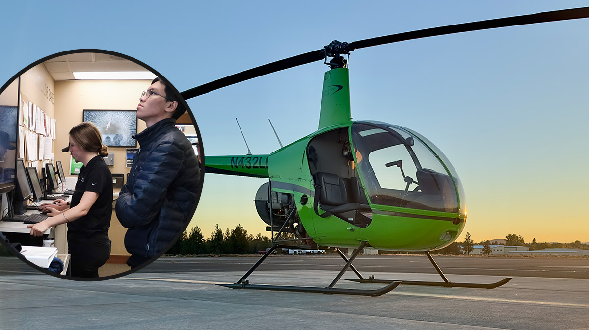 pilots in training next to photo of helicopter for a blog about pilot training